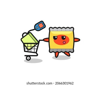 snack illustration cartoon with a shopping cart , cute style design for t shirt, sticker, logo element