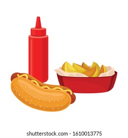Snack Items for Lunch with Hot Dog and French Fries Isolated on White Background Vector Composition