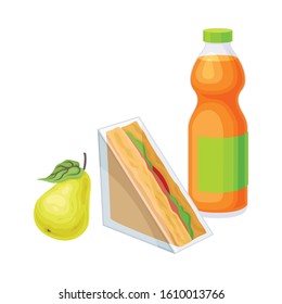 Snack Items for Lunch with Sandwich and Bottle of Juice Isolated on White Background Vector Composition