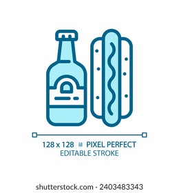 Snack light blue icon. American football match. Fast food. Hotdog and beer. Football food. Barbecue party. RGB color sign. Simple design. Web symbol. Contour line. Flat illustration. Isolated object