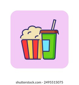 Snack line icon. Popcorn and takeaway cola with straw. Cinema concept. Can be used for topics like movie watching, takeaway food, entertainment, leisure