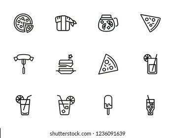 Symbole der Snack-Linie. Satz von Zeilensymbols auf weißem Hintergrund. Picnisches Konzept. Pizza, Cocktail, Wurst. Kann für Themen wie Catering, Essen, Grill verwendet werden