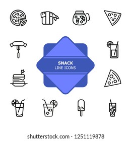 Snack line icons. Set of line icons on white background. Picnic concept. Pizza, cocktail, sausage. Can be used for topics like catering, food, barbeque