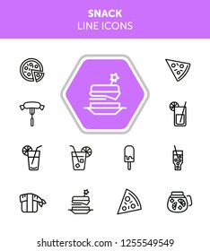 Snack line icons. Set of line icons on white background. Picnic concept. Pizza, cocktail, sausage. Can be used for topics like catering, food, barbeque