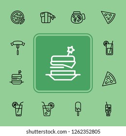 Snack line icons. Set of line icons on white background. Picnic concept. Pizza, cocktail, sausage. Can be used for topics like catering, food, barbeque