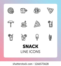 Snack line icons. Set of line icons on white background. Picnic concept. Pizza, cocktail, sausage. Can be used for topics like catering, food, barbeque