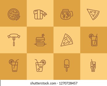 Snack line icons. Set of line icons on white background. Picnic concept. Pizza, cocktail, sausage. Can be used for topics like catering, food, barbeque