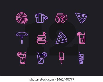 Snack line icons. Set of line icons on white background. Picnic concept. Pizza, cocktail, sausage. Can be used for topics like catering, food, barbeque