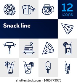 Snack line icons. Set of line icons on white background. Picnic concept. Pizza, cocktail, sausage. Can be used for topics like catering, food, barbeque