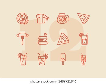 Snack line icons. Set of line icons on white background. Picnic concept. Pizza, cocktail, sausage. Can be used for topics like catering, food, barbeque