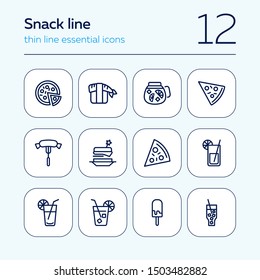 Symbole der Snack-Linie. Satz von Zeilensymbols auf weißem Hintergrund. Picnisches Konzept. Pizza, Cocktail, Wurst. Kann für Themen wie Catering, Essen, Grill verwendet werden