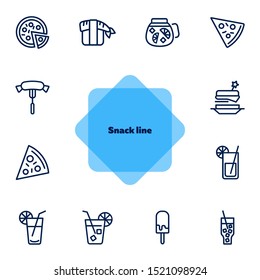 Snack line icons. Set of line icons on white background. Picnic concept. Pizza, cocktail, sausage. Can be used for topics like catering, food, barbeque