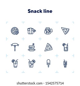 Snack line icons. Set of line icons on white background. Picnic concept. Pizza, cocktail, sausage. Can be used for topics like catering, food, barbeque