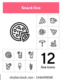 Snack line icons. Set of line icons on white background. Picnic concept. Pizza, cocktail, sausage. Can be used for topics like catering, food, barbeque