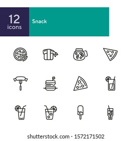 Snack line icons. Set of line icons on white background. Picnic concept. Pizza, cocktail, sausage. Can be used for topics like catering, food, barbeque