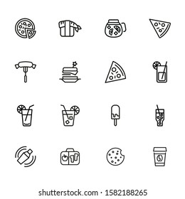 Snack line icons. Set of line icons on white background. Picnic concept. Pizza, cocktail, sausage. Can be used for topics like catering, food, barbeque