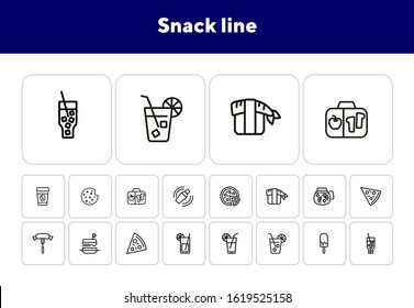 Snack line icons. Set of line icons on white background. Picnic concept. Pizza, cocktail, sausage. Can be used for topics like catering, food, barbeque