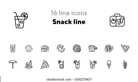 Symbole der Snack-Linie. Satz von Zeilensymbols auf weißem Hintergrund. Picnisches Konzept. Pizza, Cocktail, Wurst. Kann für Themen wie Catering, Essen, Grill verwendet werden