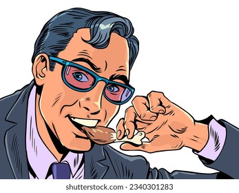 Snack or lunch for office workers in their business centers. Convenient and delicious snacks anywhere in the city. A man in a suit and glasses eats a chicken leg. Pop Art Retro Vector Illustration