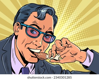 Snack or lunch for office workers in their business centers. Convenient and delicious snacks anywhere in the city. A man in a suit and glasses eats a chicken leg. Pop Art Retro Vector Illustration