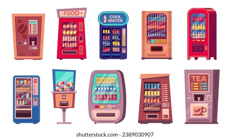 Snack machine. Cartoon vending machine with sweets, soda and coffee, cartoon vending machine with snacks for sale. Vector vending machine set. Snacks and drinks assortment, selling service