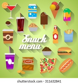 Snack Menu Flat design modern vector illustration of food, drink, coffee, hamburger, pizza, beer, cocktail, fastfood, cola, ice cream, potato chips, candy icons with long shadow.