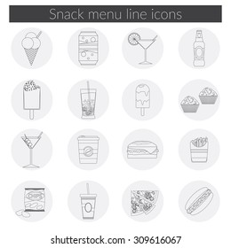 Snack Menu line icons set vector illustration of food, drink, coffee, hamburger, pizza, beer, cocktail, fastfood, cola, ice cream, potato chips, candy icons with long shadow.