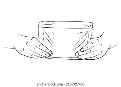 Snack pack holding in hands sketch illustration.