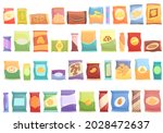 Snack pack icons set cartoon vector. Candy bag. Biscuit package