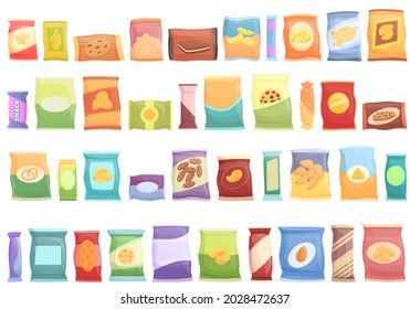 Snack Pack Icons Set Cartoon Vector. Candy Bag. Biscuit Package