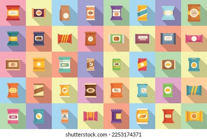 Snack pack icons set flat vector. Candy bag. Biscuit package