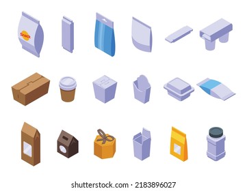 Snack pack icons set isometric vector. Candy bag. Soda bottle