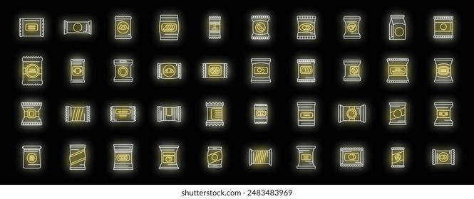 Snack pack icons set outline vector. Candy bag. Biscuit package neon color on black