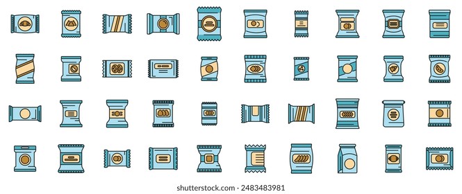 Snack pack icons set outline vector. Candy bag. Biscuit package thin line color flat on white