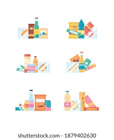 Snack pack set for retail vending machine. Fast food and beverages bottle, chips and crackers, sandwich and chocolate. Flat cartoon vector illustration isolated on white background