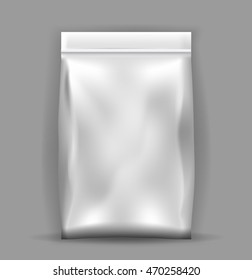 Snack package frontally. Packing for the isolation of the product on a white background with reflections and soldering white color