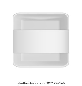 Snack package. Plastic packaging 3D. Realistic white empty container for portioned food, square lunch box with blank label top view, brand identity template. Vector isolated illustration