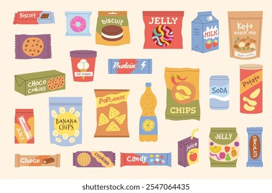 Snack en paquetes. Comida rápida en contenedores bebidas rápidas en botellas diferentes comida chatarra barras de chocolate patatas fritas dulces Vector reciente bocadillo colección