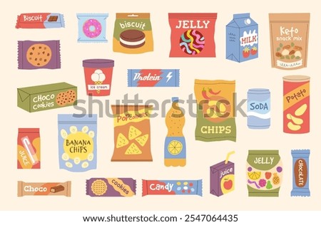 Snack in packages. Fast food in containers fast drinks in bottles different junk food chocolate bars crisps candies recent vector snack collection