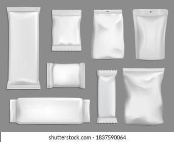 Snack packages vector mockup, sachet or pouch bags isolated 3d template. Foil, plastic or paper white rectangular packs. Blank packages for food, chocolate bar or chips packaging realistic mock up set