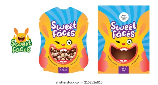 Сandy or snack packaging design with cheerful bunny. Vector editable template svg