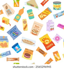 snack pattern. junk food packages crackers chocolate bars icecream cold drinks. vector seamless background