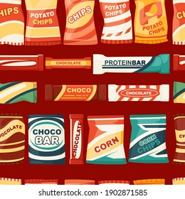 Snack product seamless pattern for vending machine fast food chips and chocolate bars vector illustration on red background