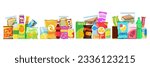 Snack product set, fast food snacks, drinks, nuts, chips, cracker, juice, sandwich isolated on white background. Unhealthy junk food. Flat illustration in vector