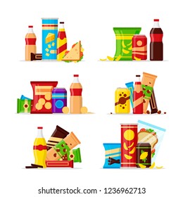 Snack product set, fast food snacks, drinks, nuts, chips, cracker, juice, sandwich isolated on white background. Flat illustration in vector