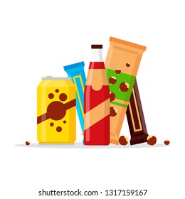 Snack product set, fast food snacks, drinks, nuts, juice, chocolate isolated on white background. Flat illustration in vector