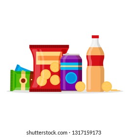 Snack product set, fast food snacks, drinks, nuts, cracker, juice isolated on white background. Flat illustration in vector