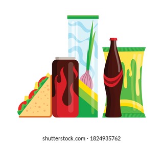 Snack product set. Fast food snacks drinks, juice and sandwich isolated on white background. Classic fast food nutrition in flat style. Vector illustration of restaurant menu snack