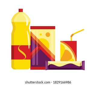 Snack product set. Fast food snacks drinks, juice and sweet bars isolated on white background. Classic fast food nutrition in flat style. Vector illustration of restaurant menu snack