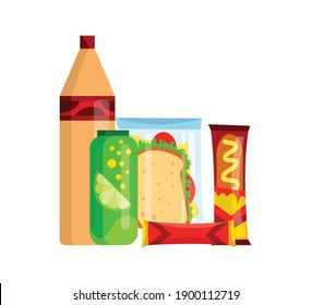 Juego de productos de aperitivo. Aperitivos de comida rápida, bebidas, patatas fritas, zumo y bocadillos aislados en un fondo blanco. Nutrición de comida rápida clásica de estilo plano. Ilustración vectorial del menú del restaurante